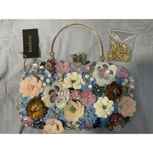 NEW Bebe Blue Women Evening Bag Party Clutch Style Metal Rhinestones Handbag